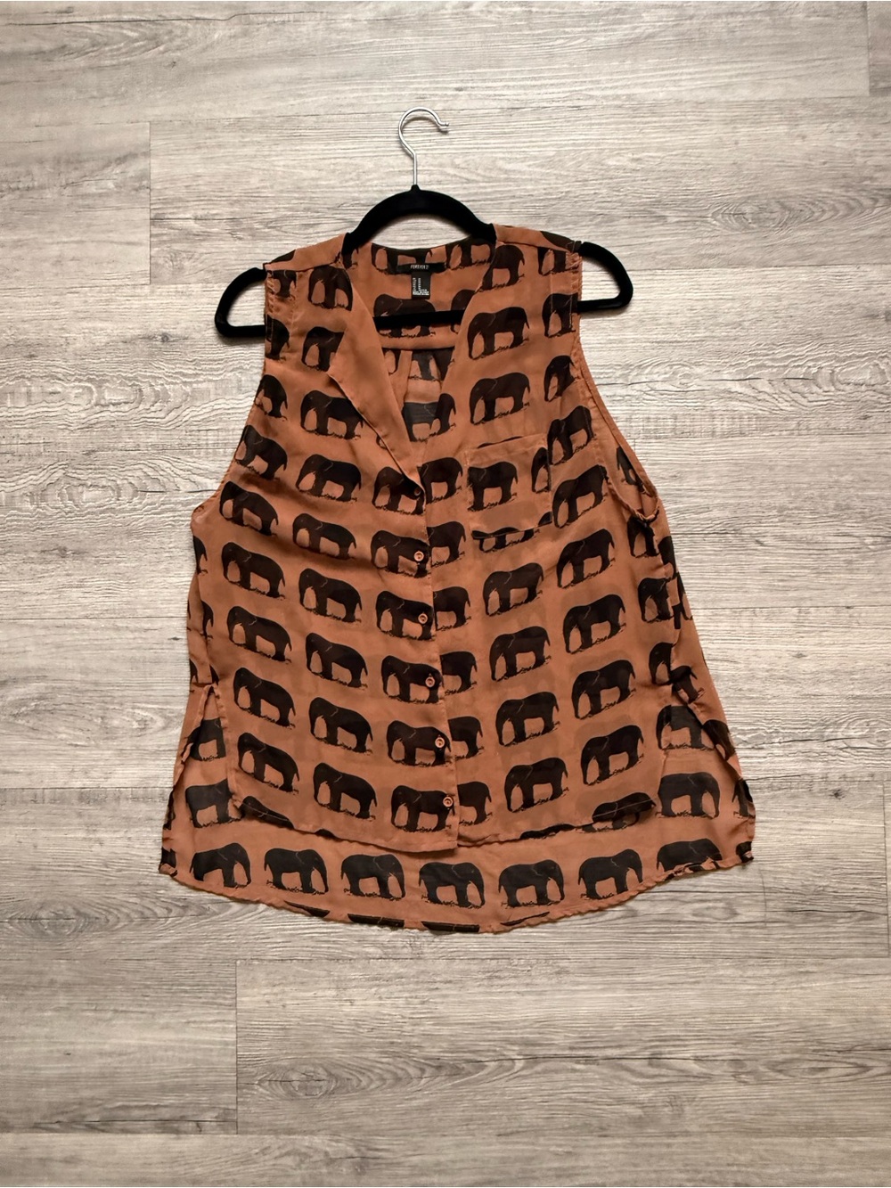 Forever 21 Brown Sleeveless Elephant Print Button-Front Blouse